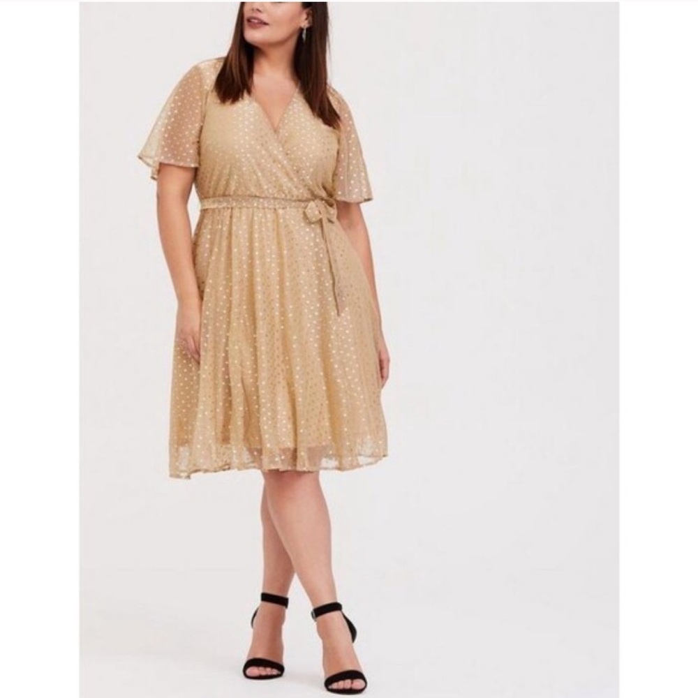 Torrid Women's Champagne Gold Metallic Polka Dot Wrap Cocktail Dress